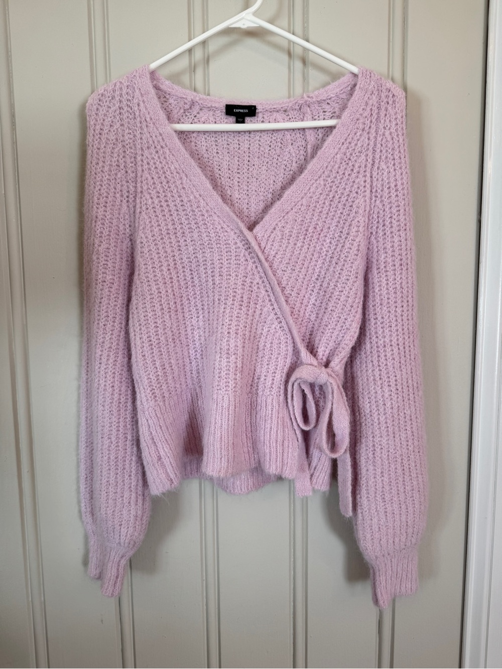 Express Women’s Fuzzy Sweater Faux Wrap Side Tie Sweater Pink Coquette Girl